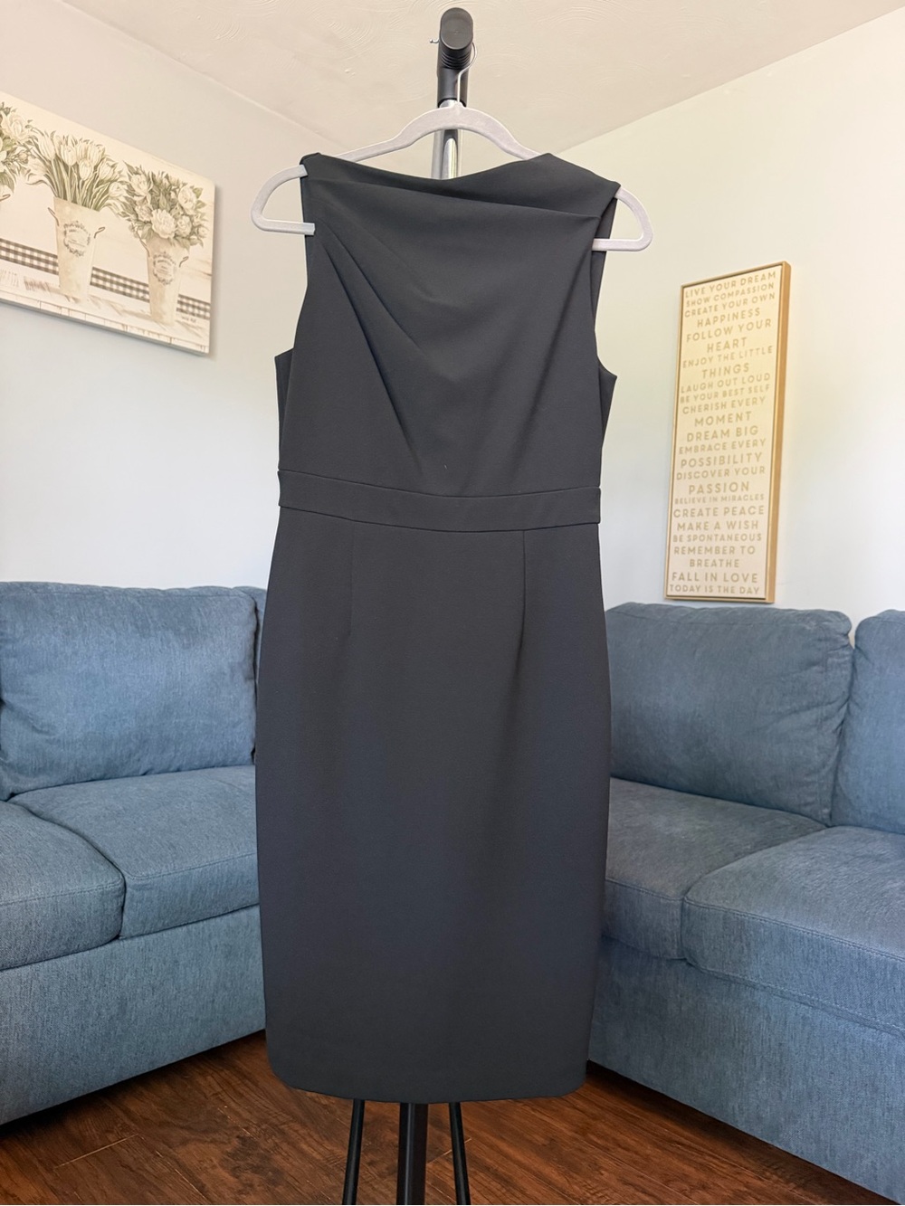 Vince Camuto Black Sleeveless Sheath Dress with Draped Neckline